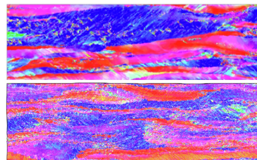 Crystallographic texture bands after heavy rolling reduction.